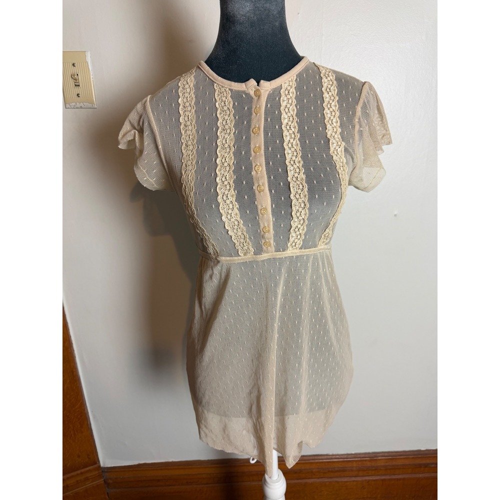 Express Vintage Sheer Mesh Lace Trim Empire Waist Top lace Y2K capsule layering